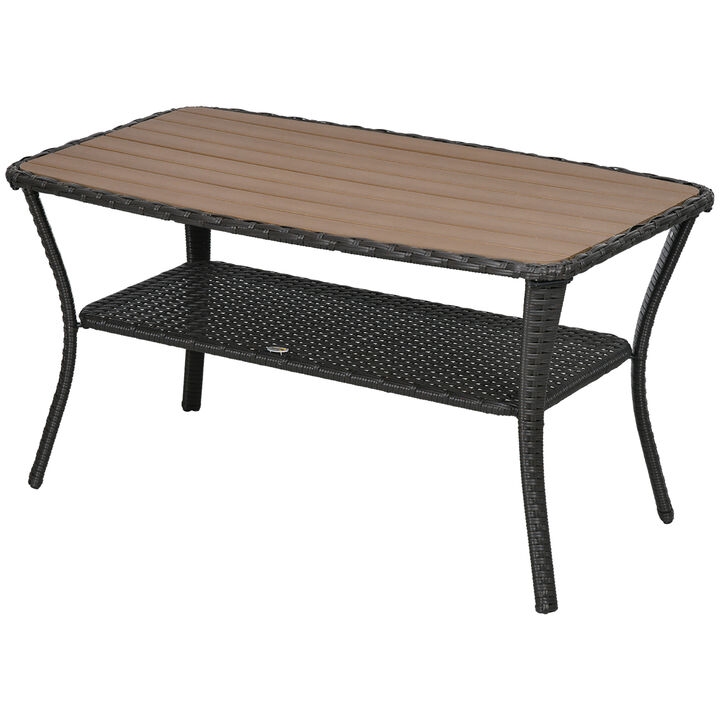 Outsunny Patio PE Rattan Coffee Table with Storage Shelf, Hand-Woven Wicker Outdoor Side Table, 2-Layer Storage Table with Wood-plastic Composite Top, for Garden, Porch, Backyard, Mixed Brown