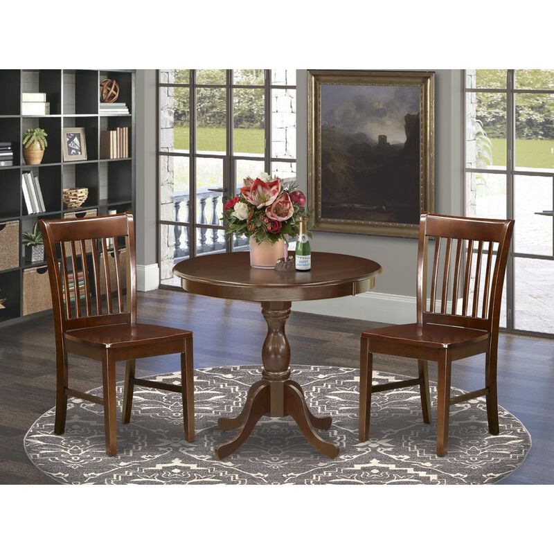 East West Furniture AMNF3-MAH-W 3 Piece Dining Room Table Set - 1 Wooden Table and 2 Mahogany Dining Chairs - Mahogany Finish