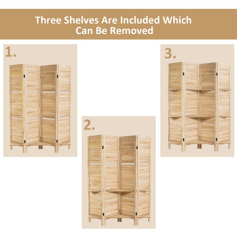 4 Panel Folding Room Divider Screen With 3 Display Shelves