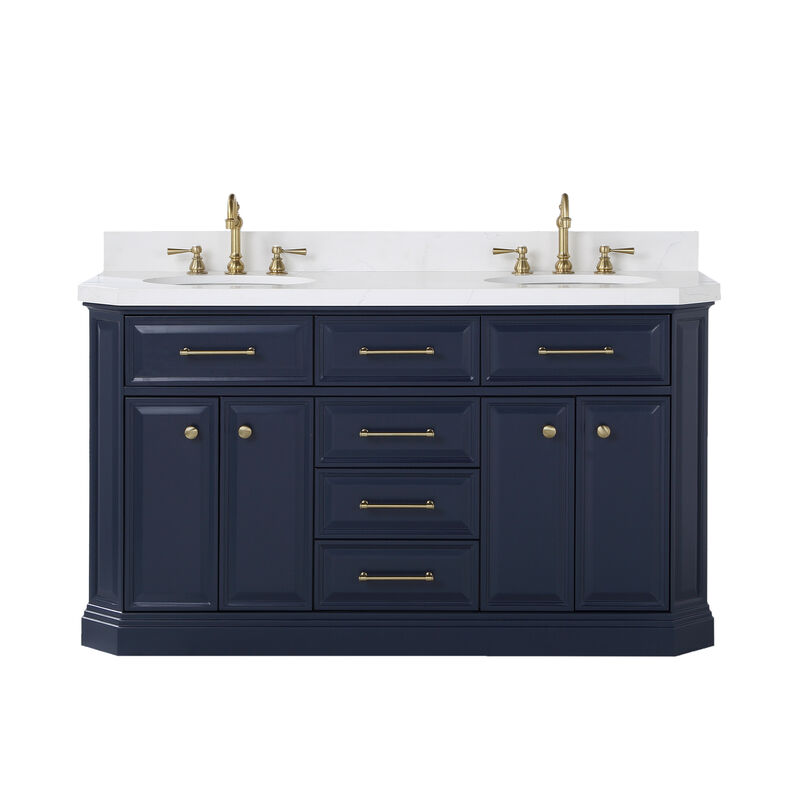 Palace 60 In. Double Sink Carrara Quartz Countertop Bath Vanity in Monarch Blue with Satin Gold Hardware