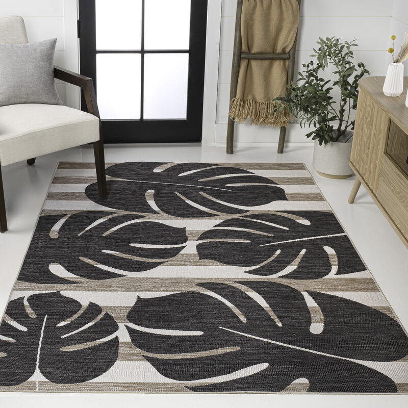 Allison Classic Beach Stripe and Monstera Leaf Indoor/Outdoor Area Rug