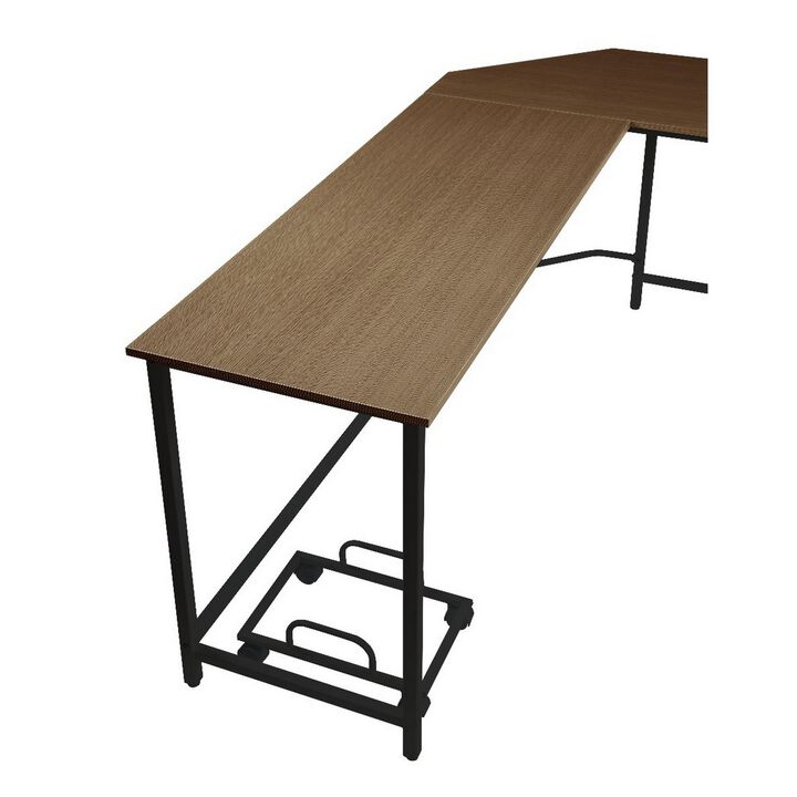 L Shape Computer Desk with CPU Holder and Casters, Brown-Benzara