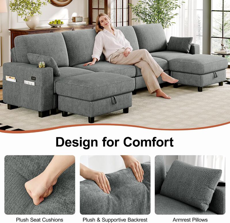 Vipbear 128" Modular Sectional Sofa, Chenille U Shaped Cloud Couch with Ottoman Adjustable Backrest image number 2