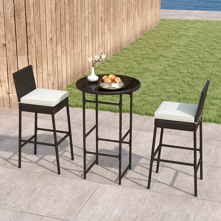 Outdoor Patio 3 Piece Bar Set with Metal Stools and Table-White
