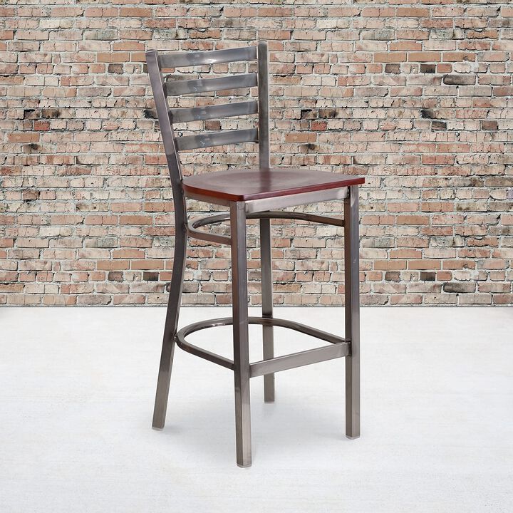 Flash Furniture HERCULES Series Clear Coated Ladder Back Metal Restaurant Barstool - Mahogany Wood Seat