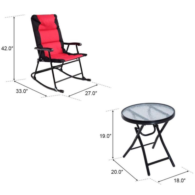 3 Pcs Outdoor Folding Rocking Chair Table Set with Cushion