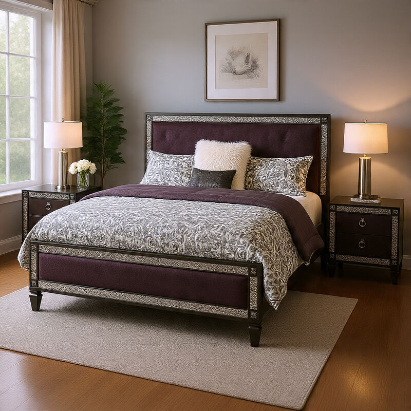 Queen Bedroom Set, Gray, Nickel Wood, 3 Piece Set with 2 Nightstands image number 1