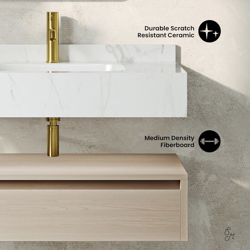 Avancer 36" Wall-Mounted Bathroom Vanity in White Oak with White Marble Sink Top image number 3