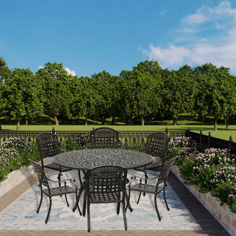 MONDAWE 7-Piece Cast Aluminium Patio Dining Set Aluminum Round Table with 6 Stationary Chairs