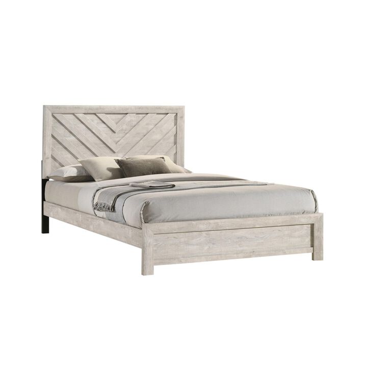 Velz Queen Size Bed w Chevron Patterned Headboard, Beige Wood Finish
