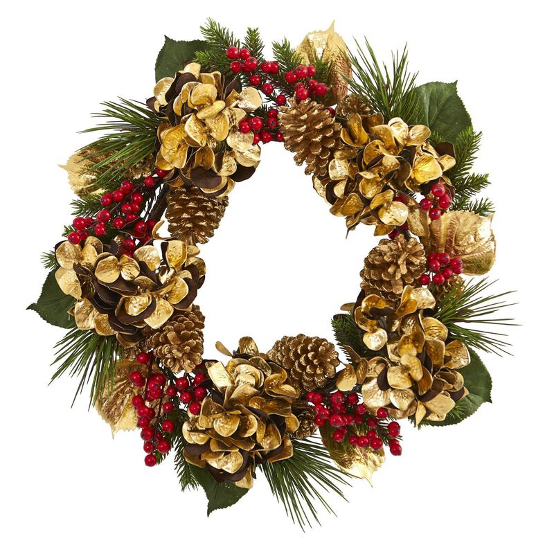 Nearly Natural 24-in Golden Hydrangea with Berries and Pine Artificial Wreath image number 1