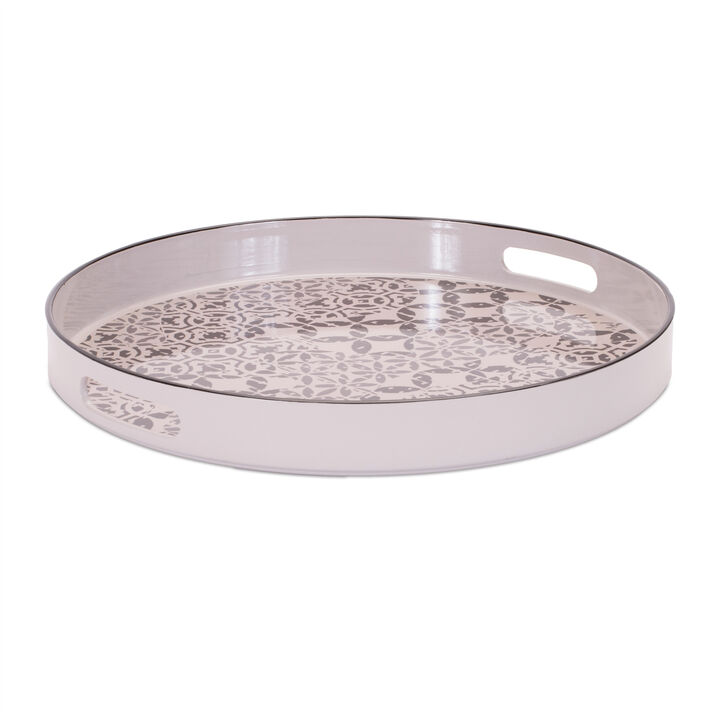 HomeRoots 14" Cream And Gray Geometric Pad Print Round Serving Tray With Handles