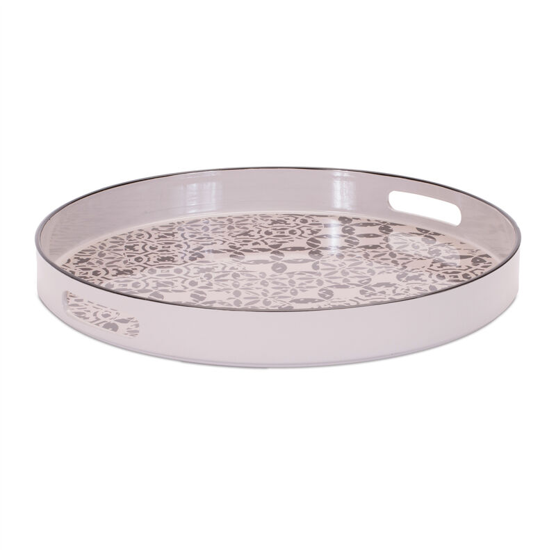 HomeRoots 14" Cream And Gray Geometric Pad Print Round Serving Tray With Handles image number 0