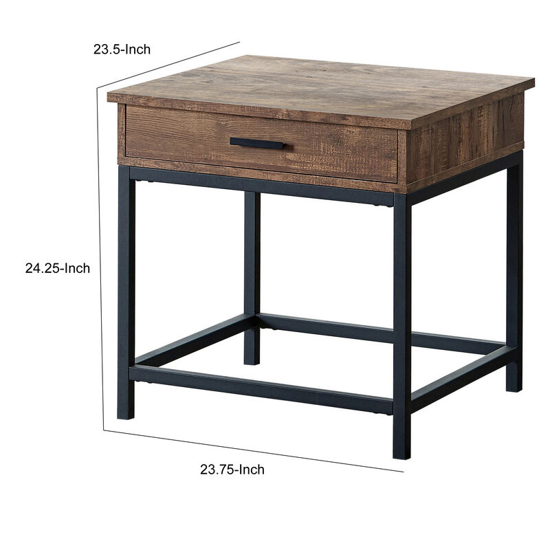 24 Inch Side End Table, Rectangular Tabletop, Single Drawer, Rustic Brown-Benzara