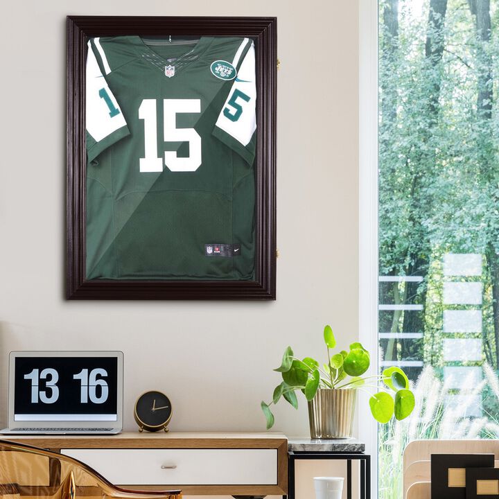 Compact Jersey Showcase: 35"x26" Cherry Brown UV-Resistant Display Case