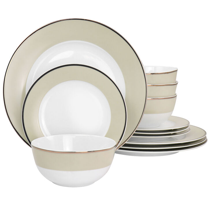 Martha Stewart Gold Rimmed 12 Piece Fine Ceramic Dinnerware Set in Beige