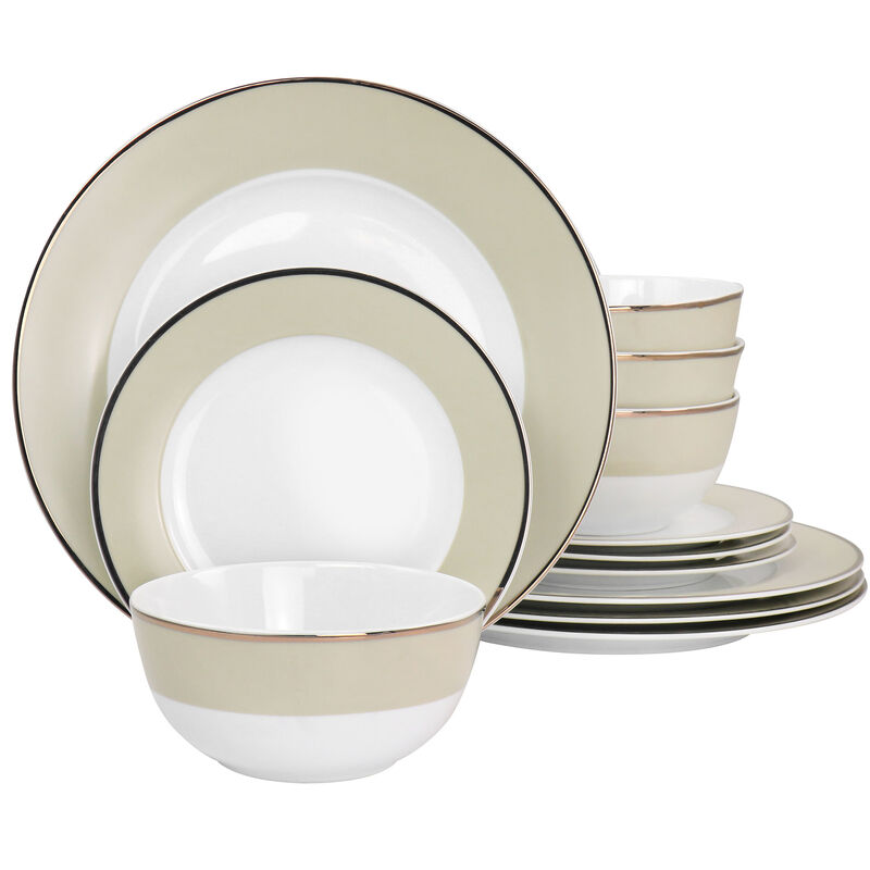 Martha Stewart Gold Rimmed 12 Piece Fine Ceramic Dinnerware Set in Beige image number 1