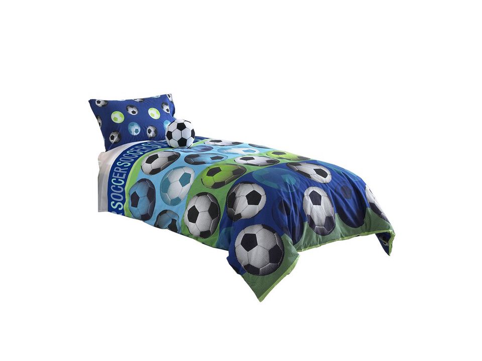 4 Piece Full Size Comforter Set with Soccer Theme, Multicolor - Benzara