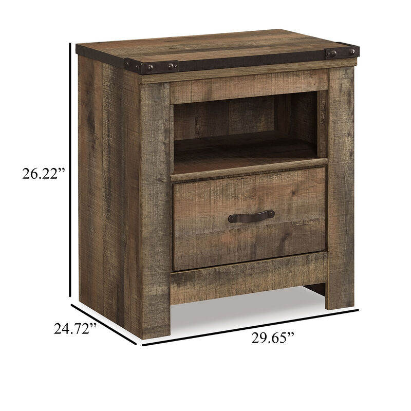 Zoey Nightstand w Drawer and Shelf, USB, Rustic Brown Plank Details - Benzara
