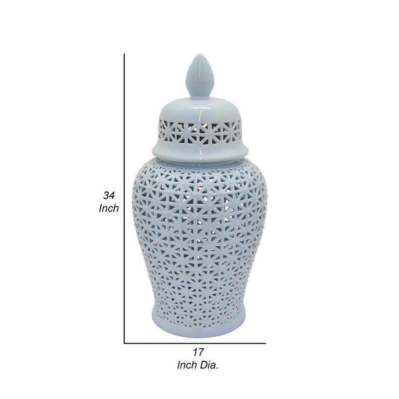 Deni 20 Inch Temple Jar, Ceramic Blue White Floral Cut Out Design with Lid - Benzara