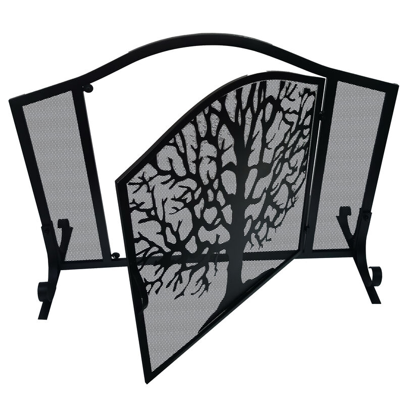 43 Inches 3 Panel Iron Fireplace Screen, Mesh Design, Arched Top, Tree of Life Art, Black-Benzara