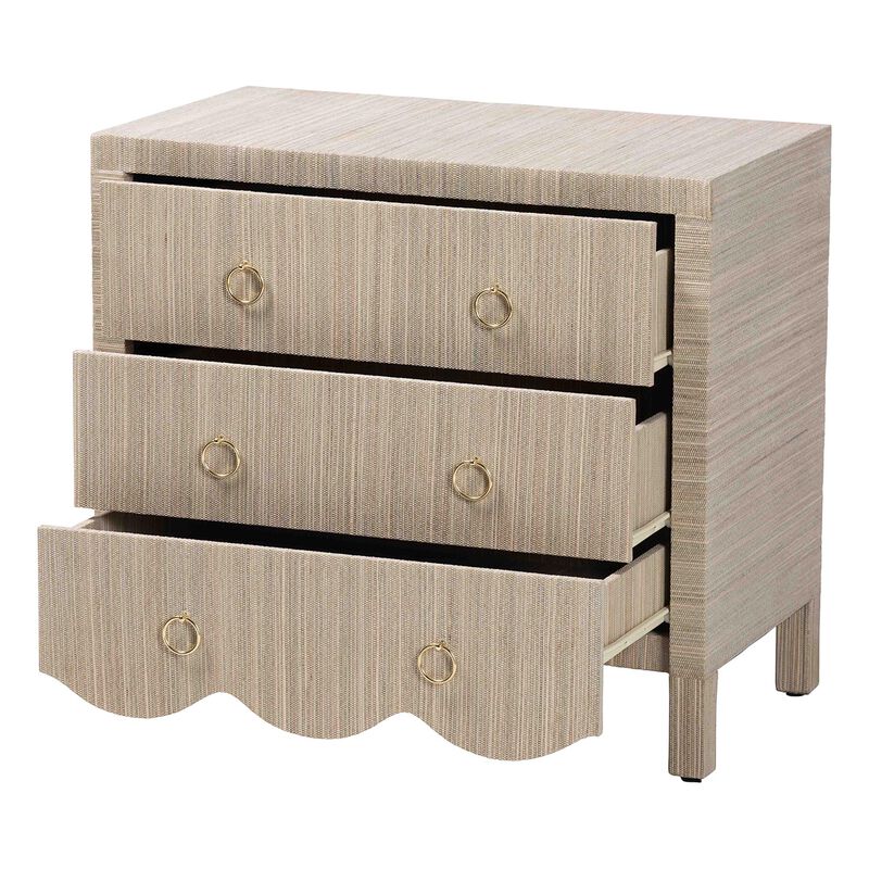 bali & pari Umika Grasscloth Nightstand with Scalloped Base - 3-Drawer Accent Chest with Gold Ring Pulls, Bedroom Storage Table or Side Cabinet image number 2
