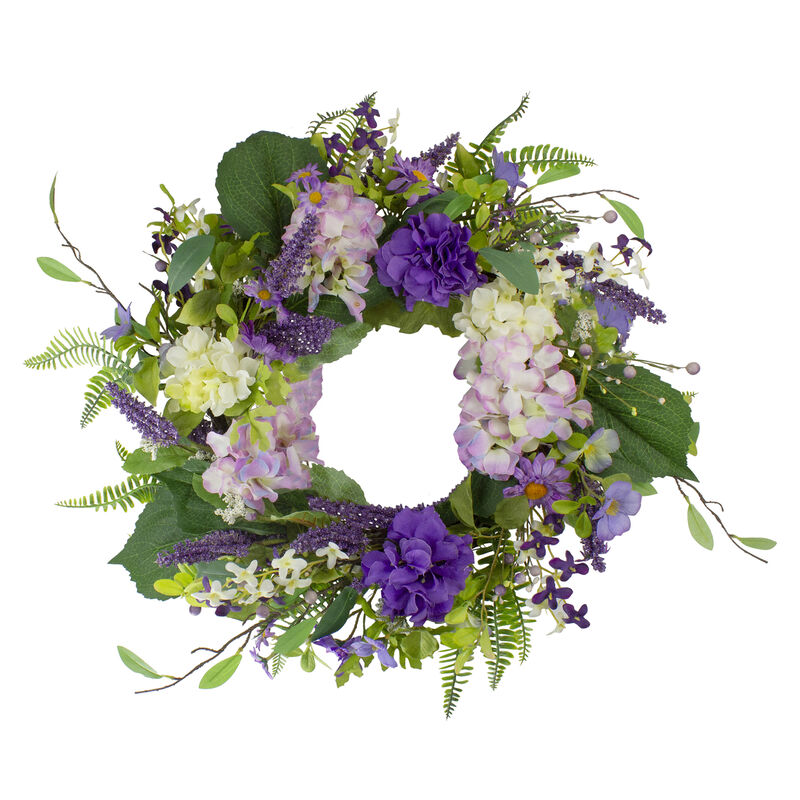 Hydrangea and Foliage Spring Floral Twig Wreath  Purple 26" image number 0