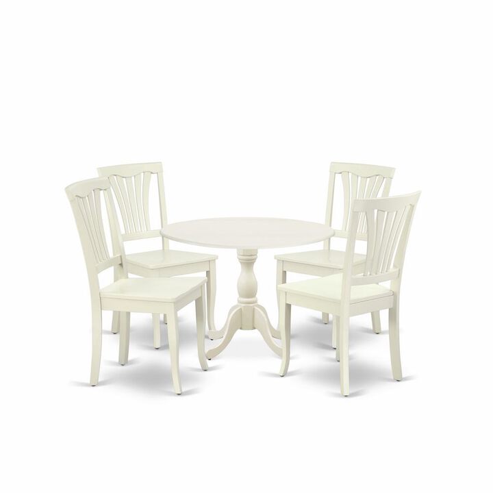 East West Furniture DMAV5-LWH-W 5 Piece Dining Room Set Contains 1 Drop Leaves Dining Room Table and 4 Linen White Kitchen Chairs with Slatted Back - Linen White Finish