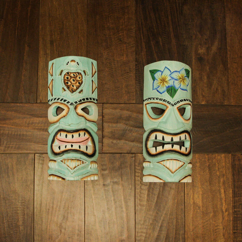 Aqua Blue Tiki Wall Masks &ndash; Flower & Sea Turtle Design, 12"x5"x2" Tropical Decor image number 6