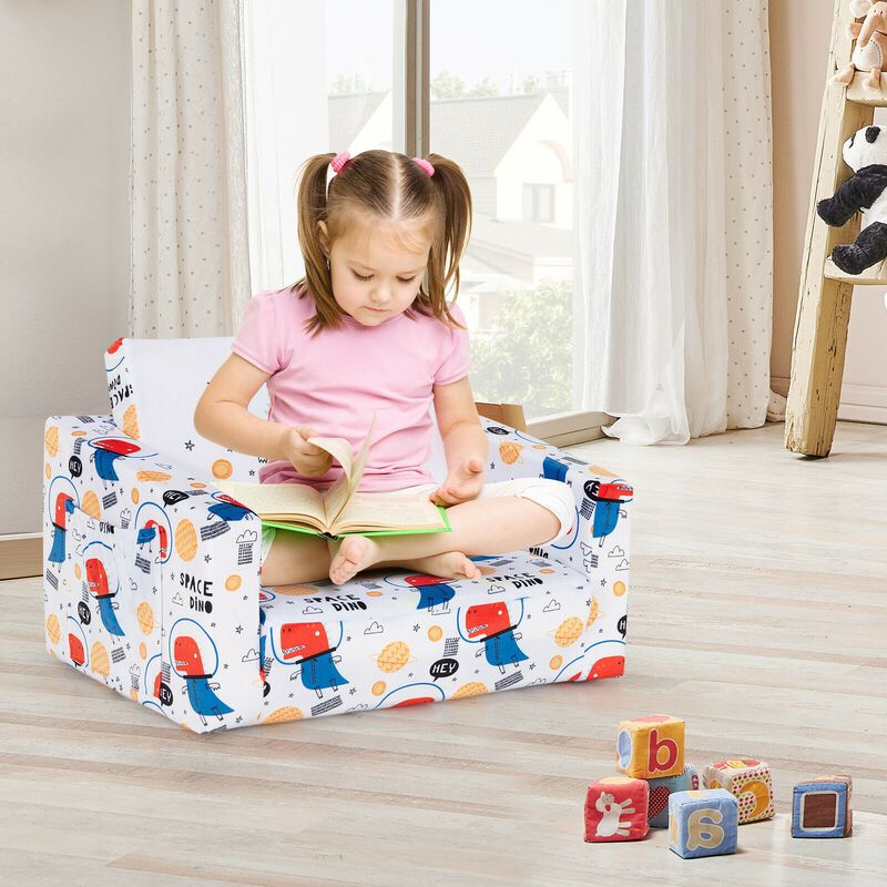 2-in-1 Convertible Kids Sofa with Velvet Fabric - Space Dino