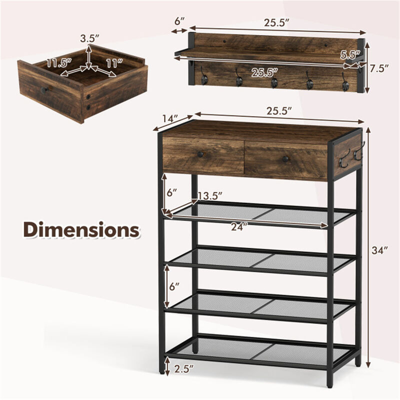 5 Hook Entryway Coat Rack with 2 Drawer Shoe Cabinet and 4 Mesh Shelves image number 2