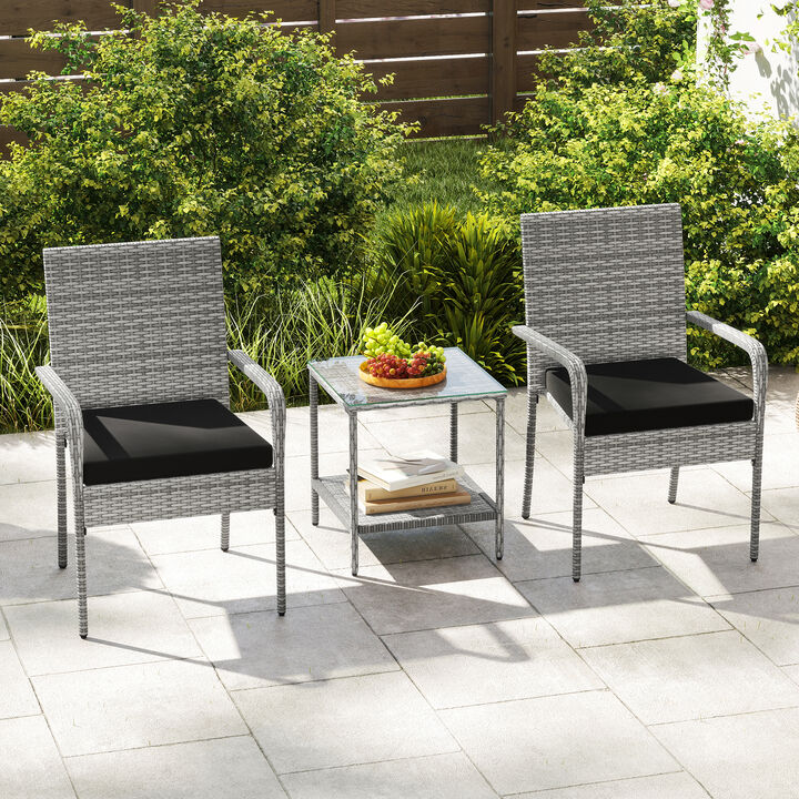 3 Piece Balcony Patio Furniture Set with Seat Cushions and Tempered Glass Tabletop