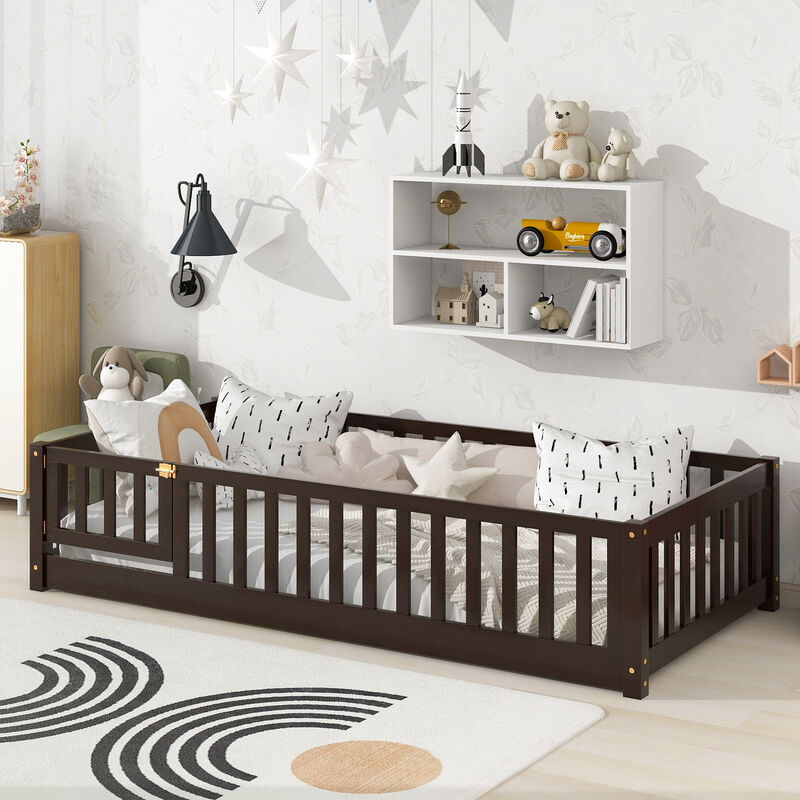 Whisen Twin Size Rubber Wood Floor Bed with Safety Guardrails & Door, Kids Bed image number 1