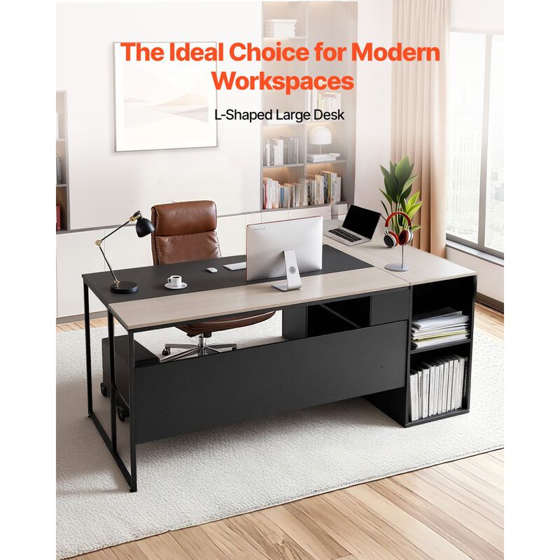 Modern L-Shaped Office Desk with CPU Stand, Storage Cabinet and Spacious Work Surface-Black image number 3