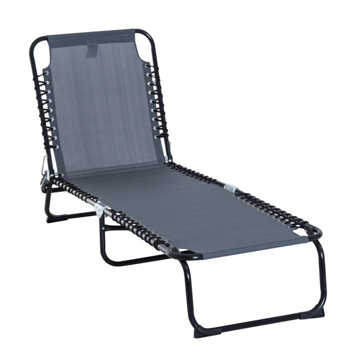 Outsunny Folding Chaise Lounge Pool Chair, Patio Sun Tanning Chair, Outdoor Lounge Chair w/ 4-Position Reclining Back, Pillow, Breathable Mesh & Bungee Seat for Beach, Yard, Patio, Gray