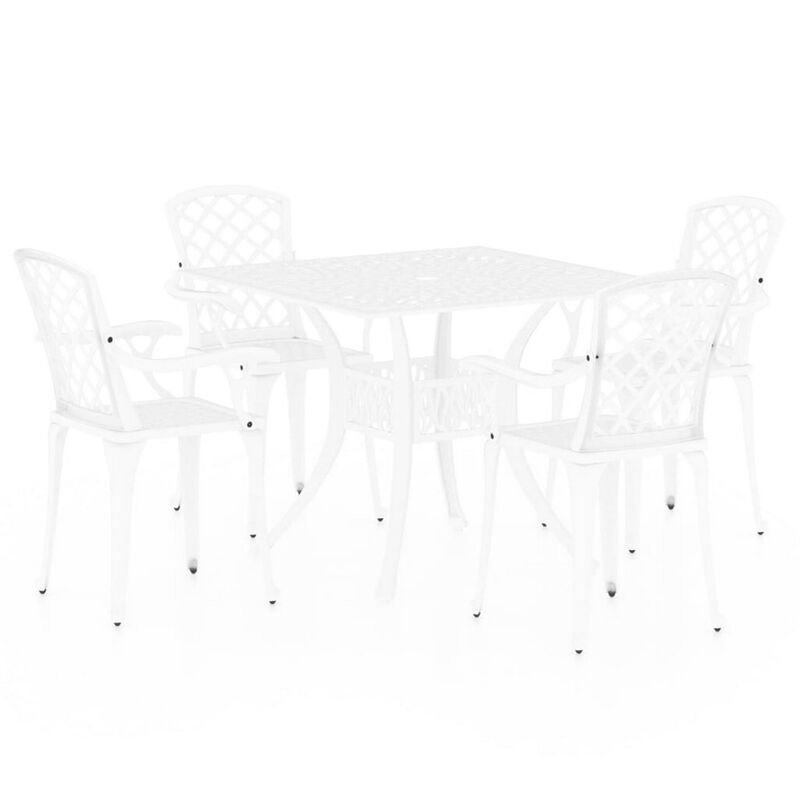 5 Piece Patio Bistro Table Set, 4 Chairs, Square, White Cast Aluminium - Benzara