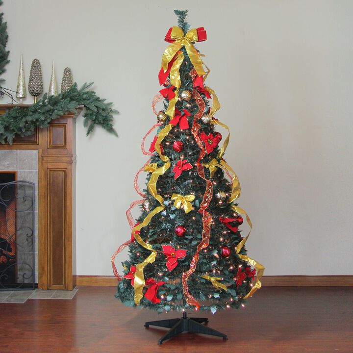 6' Pre-Lit Gold and Red Pre-Decorated Pop-Up Artificial Christmas Tree  Clear Lights