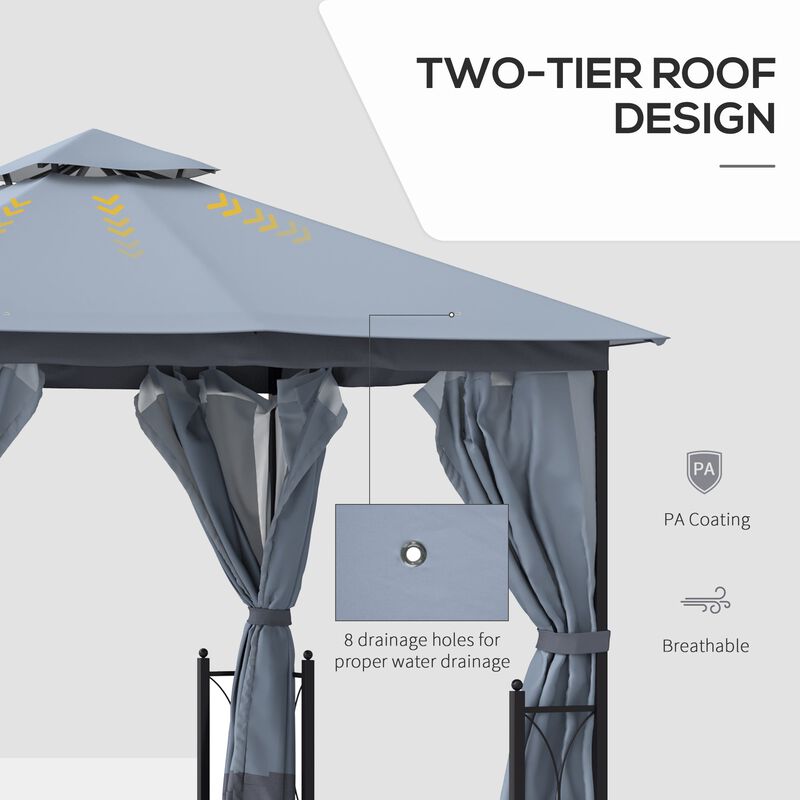 13' x 11' Patio Gazebo Canopy Garden Tent Sun Shade, Outdoor Shelter with 2 Tier Roof, Netting and Curtains, Steel Frame for Patio, Grey