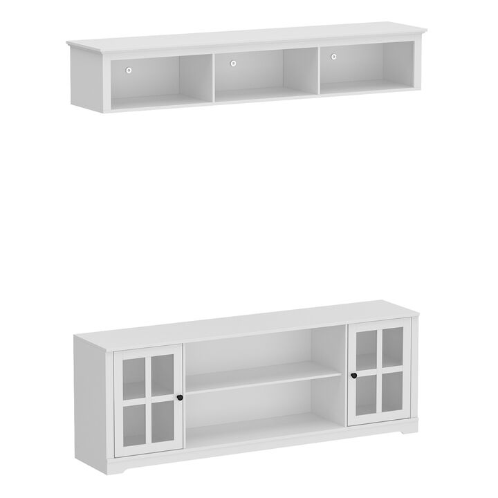 White Wooden TV Stand Fits TV's up to 75 in. with Open Shelves and Tempered Glass Door Cabinet