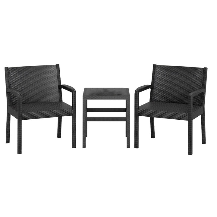Black 3-Piece Outdoor Patio Set with 2 Rattan Armchairs and Square Side Table