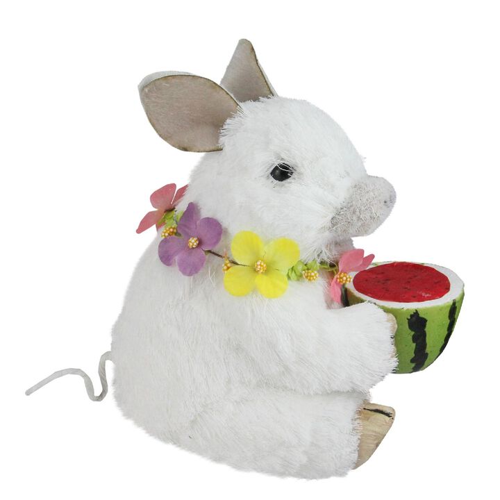 6.75" White Sisal Piglet with Floral Lei and Watermelon Tabletop Figure