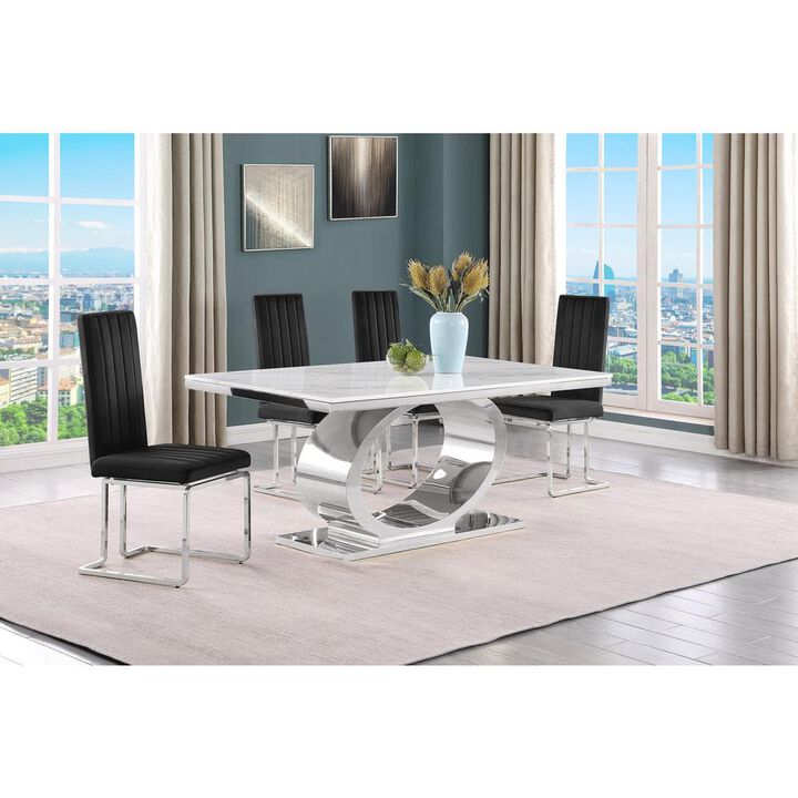 5pc Small(68") marble top dining set with silver base and 4 Black side chairs