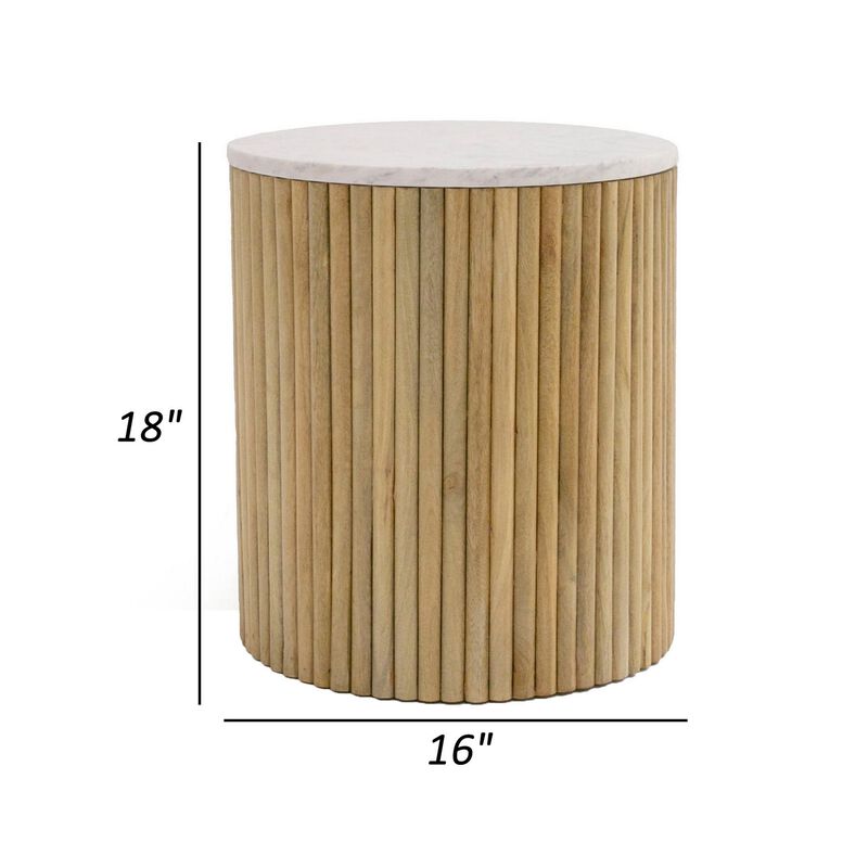 Cid Jolie 18 Inch Side End Table, White Marble Top, Brown Mango Wood Base