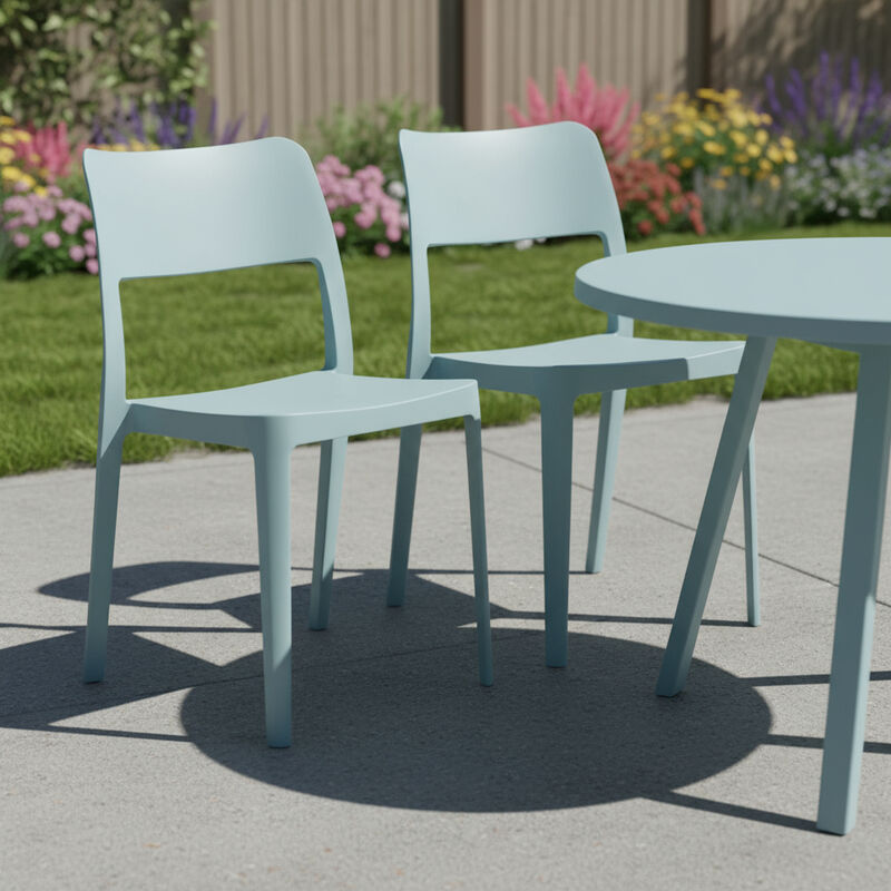 HomeRoots Set of Two Baby Blue Heavy Duty Plastic Outdoor Stacking Accent Chairs image number 1
