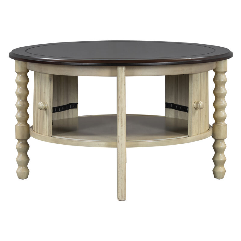 Merax 30.3" Vintage Round Coffee Table with Storage - Mid Century Modern Cocktail Table with Sliding Door & Slatted Design for Small Spaces