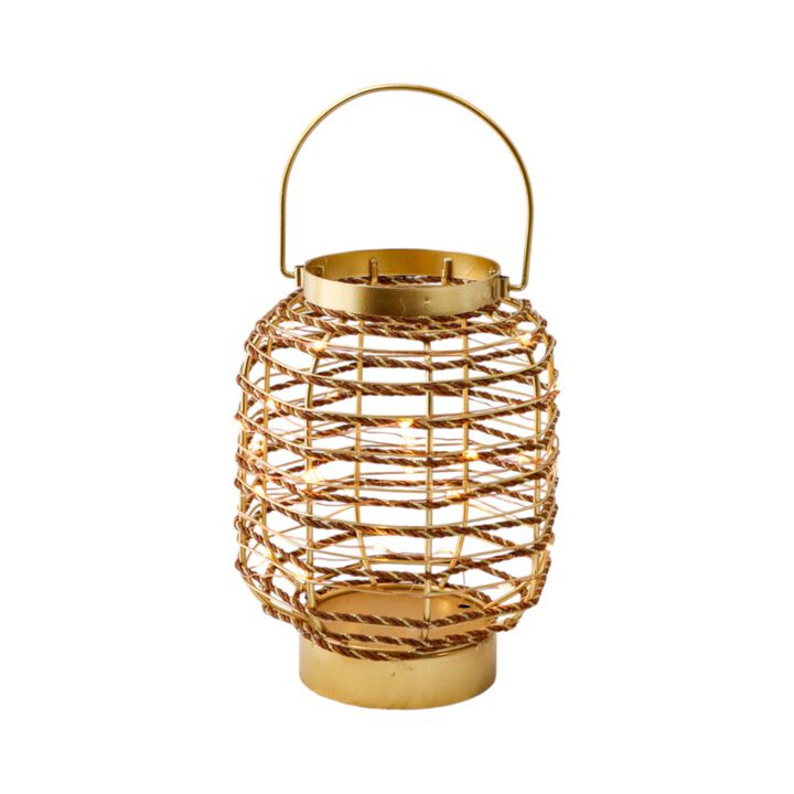 HomeRoots 8" Distressed Gold Geometric Lantern Desk Lamp With Novelty Shade
