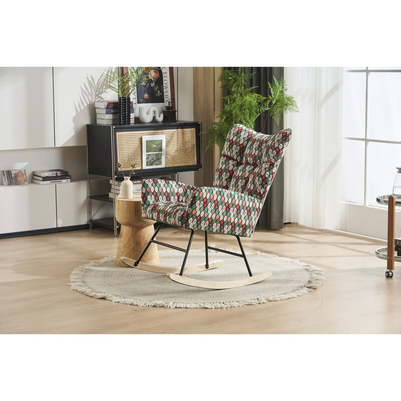Rocking Chair Nursery, Solid Wood Legs Reading Chair with Teddy Fabric Upholstered, Nap Armchair for Living Rooms, Bedrooms, Offices, Best Gift, Colorful fabric