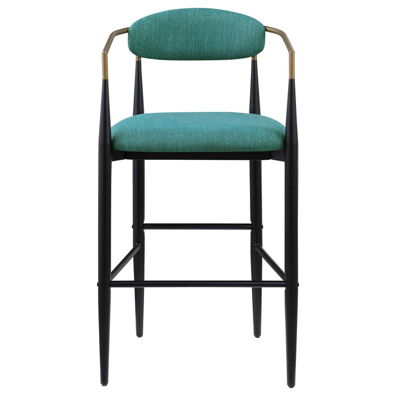 Tiara Bar Chair Set of 2, Teal Green Fabric, Gold, Black Metal 30 Inch - Benzara