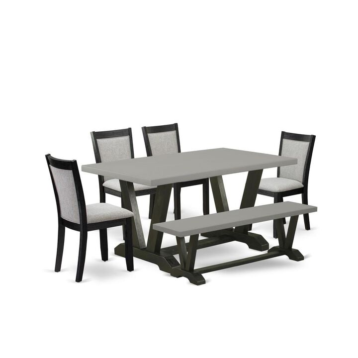 East West Furniture 6 Pc Kitchen Table Set - A Cement Top Dining Room Table with Wooden Bench and 4 Shitake Linen Fabric Upholstered Parson Chairs - Wire Brushed Black Finish