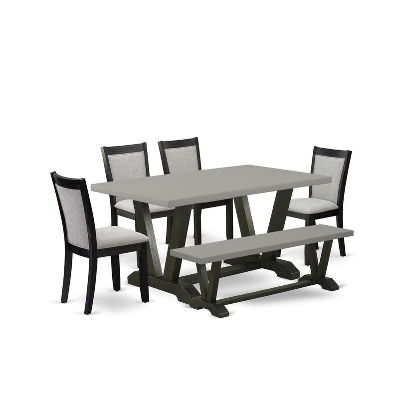 East West Furniture 6 Pc Kitchen Table Set - A Cement Top Dining Room Table with Wooden Bench and 4 Shitake Linen Fabric Upholstered Parson Chairs - Wire Brushed Black Finish